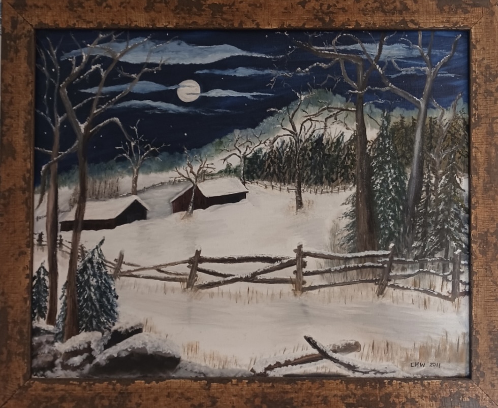 Painting of snowy farm at night