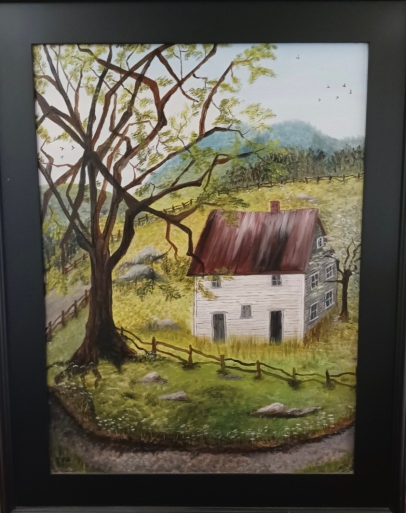 Painting of abandoned house and tree