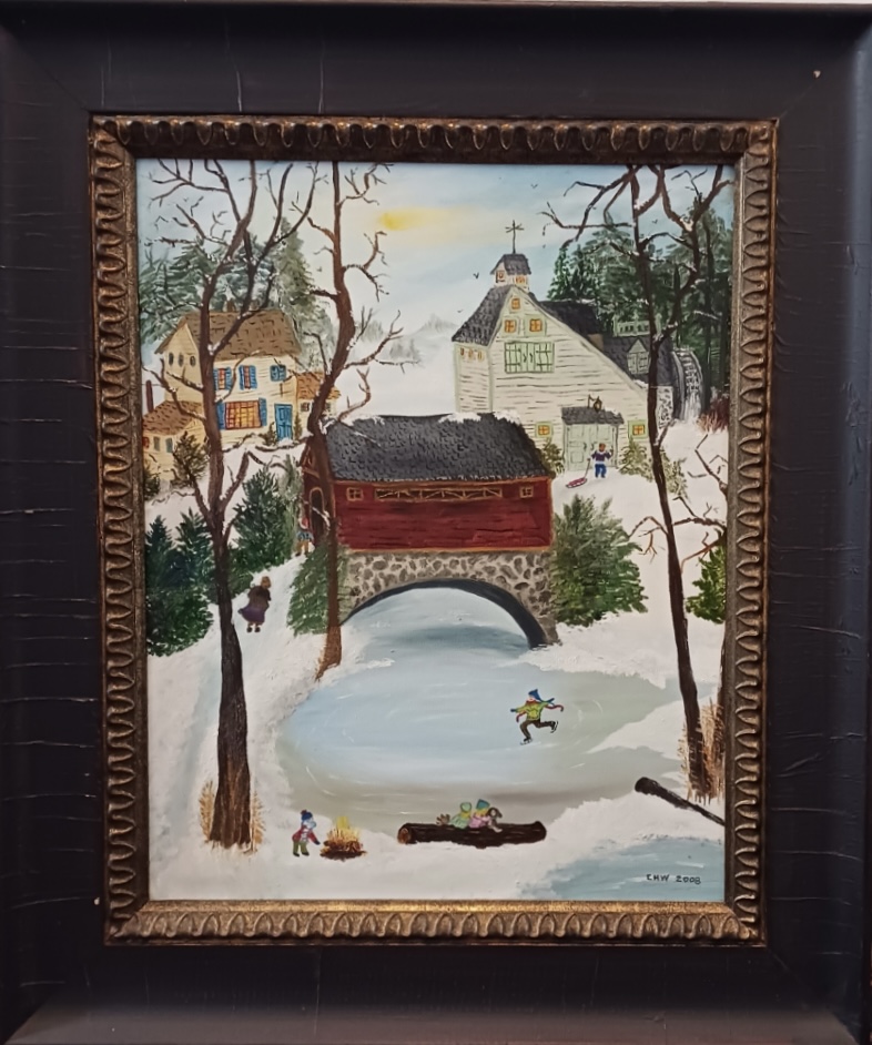 Painting of red covered bridge