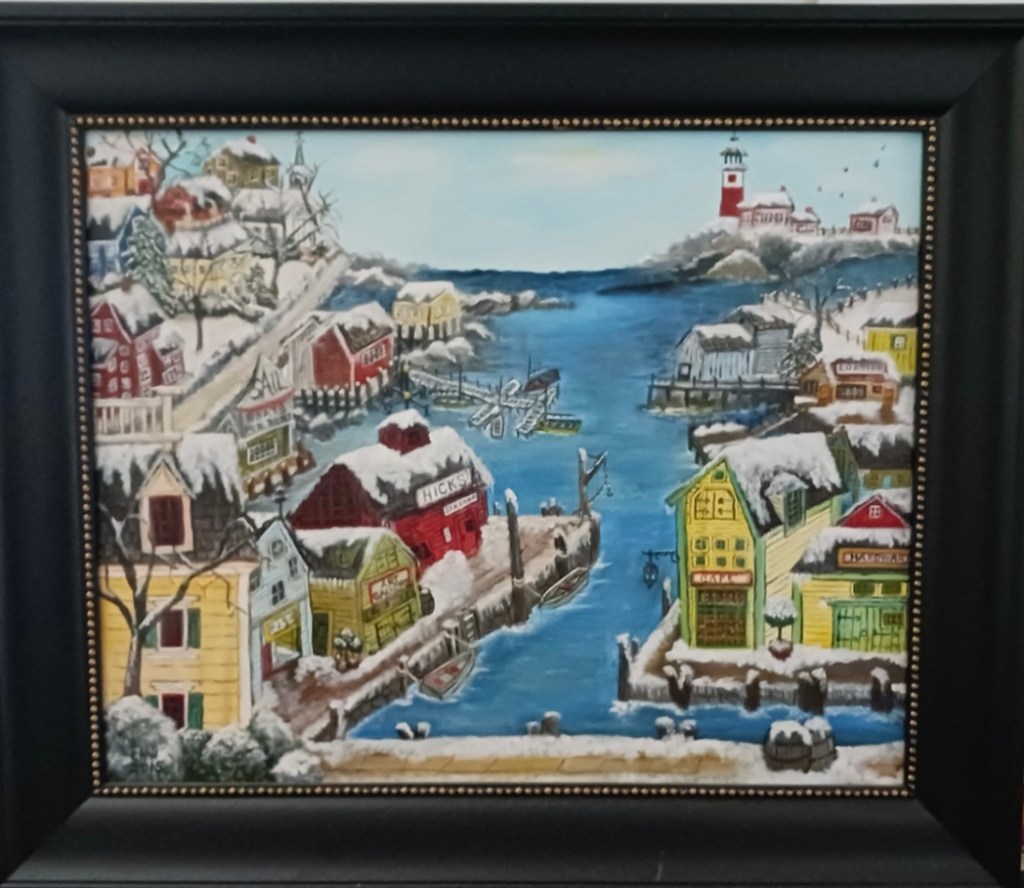 Painting of bay with snowy houses