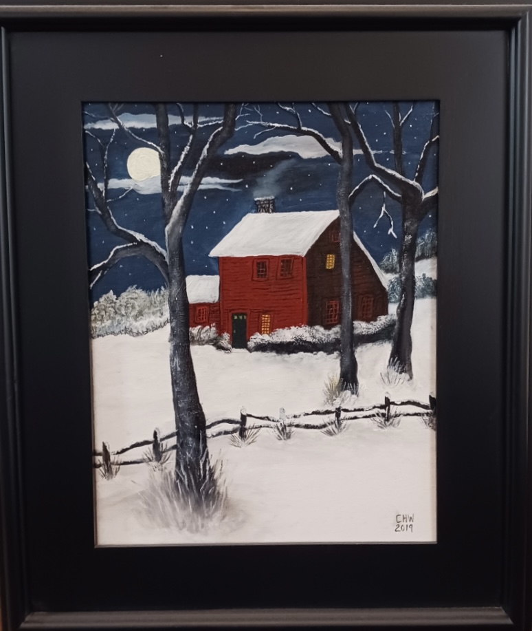 Painting of red house in snowy woods at night