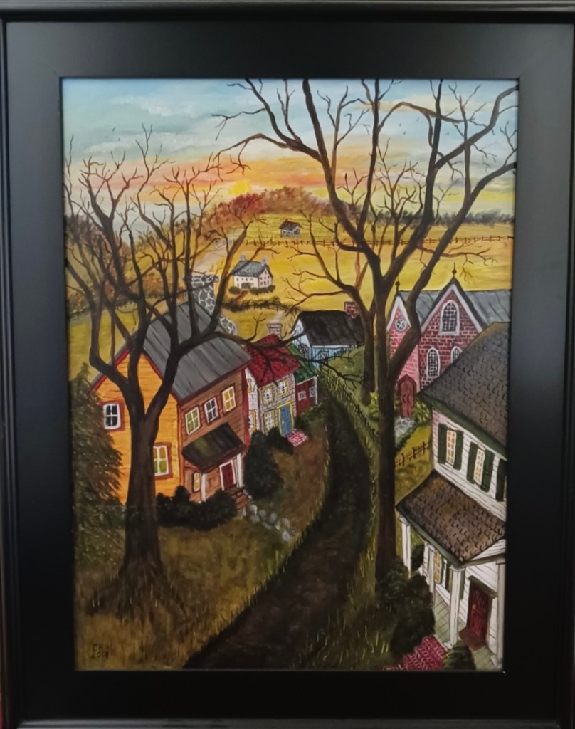 Painting of village at sunset