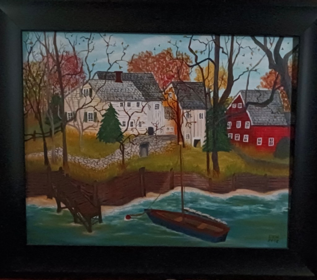 Painting of riverfront scene